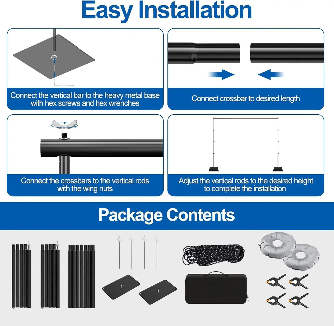 Backdrop Stand, 6.5ft Height 9ft Width Adjustable Photography Background Support Poles with Heavy Duty Flat Base, Photo Metal Steel Pipe and Drape Frame Kit for Parties Birthday Wedding - Backdrop BlissBackdrop Stand, 6.5ft Height 9ft Width Adjustable Photography Background Support Poles with Heavy Duty Flat Base, Photo Metal Steel Pipe and Drape Frame Kit for Parties Birthday Wedding