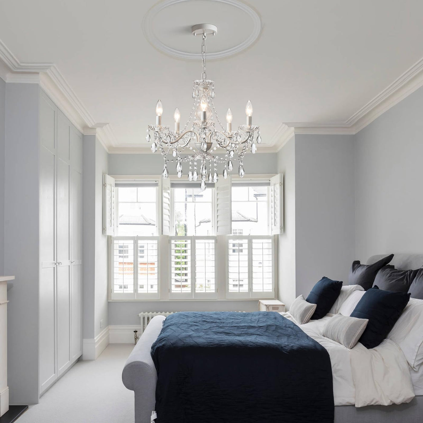 Plug in Crystal Ceramic White Chandelier, Glass Chandeliers,White crystal Hanging Pendant Light with Clear Cord and On/Off, 4 Light Crystal Chandelier for wedding, Kitchen, Dining,Foyer, Mini room Backdrop Bliss