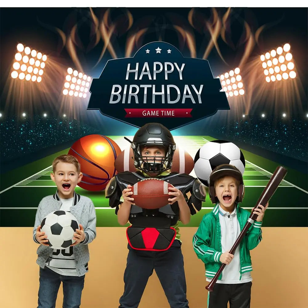 Football Happy Birthday Backdrop Banner Game Time Photography Background Fire Football Basketball Soccer Birthday Banner Decoration 7x5Ft Backdrop Bliss