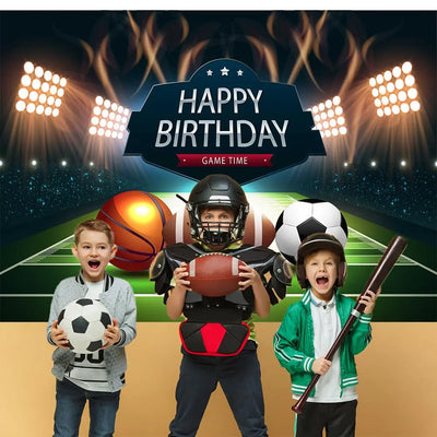 Football Happy Birthday Backdrop Banner Game Time Photography Background Fire Football Basketball Soccer Birthday Banner Decoration 7x5Ft Backdrop Bliss