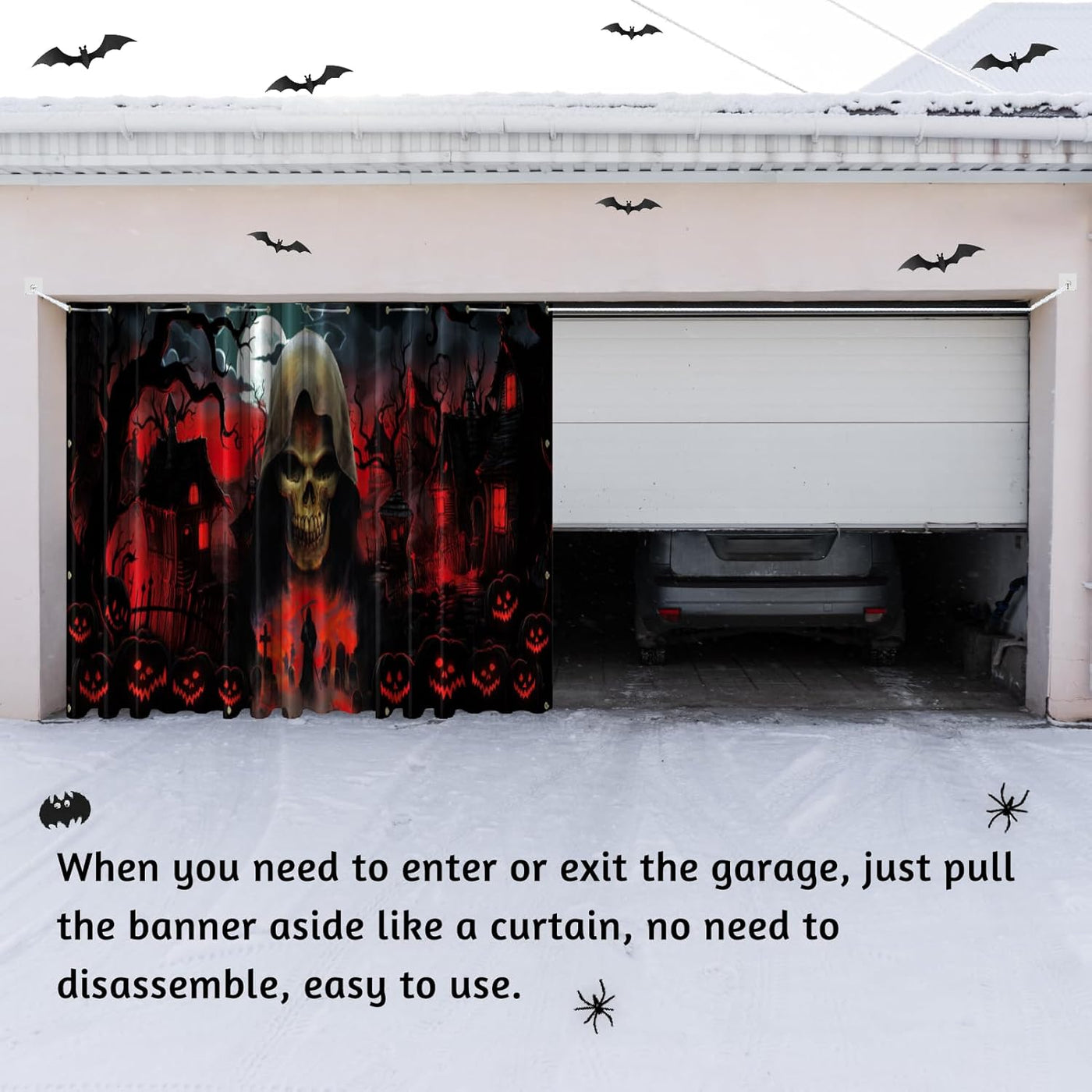 Trgowaul Happy Halloween Decorations - Black & Red Garage Door Cover, Large Grim Reaper Banner (16 * 7 ft) for Outdoor Parties & Photography Background - Backdrop BlissTrgowaul Happy Halloween Decorations - Black & Red Garage Door Cover, Large Grim Reaper Banner (16 * 7 ft) for Outdoor Parties & Photography Background