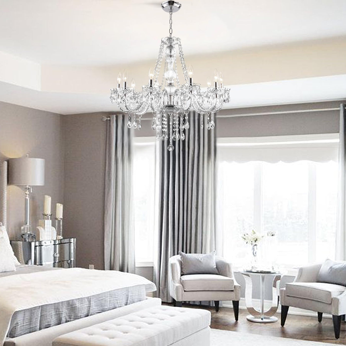 PAPAYA Modern Chrome Beaded Hanging Chandelier Shades (W8.7 x H13), Beads Pendant Shade with Acrylic Crystal, Ceiling Chandelier Beaded Lampshade for Wedding Party Event Home Decoration Backdrop Bliss