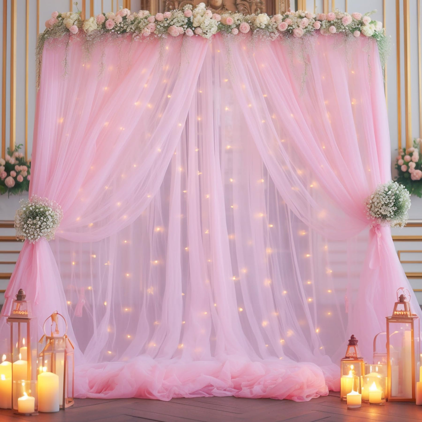 10x10ft Champagne Tulle Backdrop Curtain with Lights String for Parites, Sheer Backdrop Curtains for Wedding Baby Shower Birthday Party Photo Shoot Decorations - Backdrop Bliss10x10ft Champagne Tulle Backdrop Curtain with Lights String for Parites, Sheer Backdrop Curtains for Wedding Baby Shower Birthday Party Photo Shoot Decorations