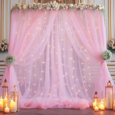 10x10ft Champagne Tulle Backdrop Curtain with Lights String for Parites, Sheer Backdrop Curtains for Wedding Baby Shower Birthday Party Photo Shoot Decorations - Backdrop Bliss10x10ft Champagne Tulle Backdrop Curtain with Lights String for Parites, Sheer Backdrop Curtains for Wedding Baby Shower Birthday Party Photo Shoot Decorations