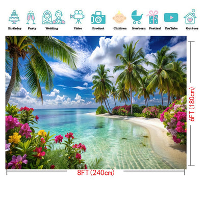 CYLYH 8X6FT Summer Tropical Sea Beach Backdrop Photography Hawaiian Tropical Beach Scenery Palm Trees Background for Wedding Birthday Party Banner Baby Shower D905 Backdrop Bliss