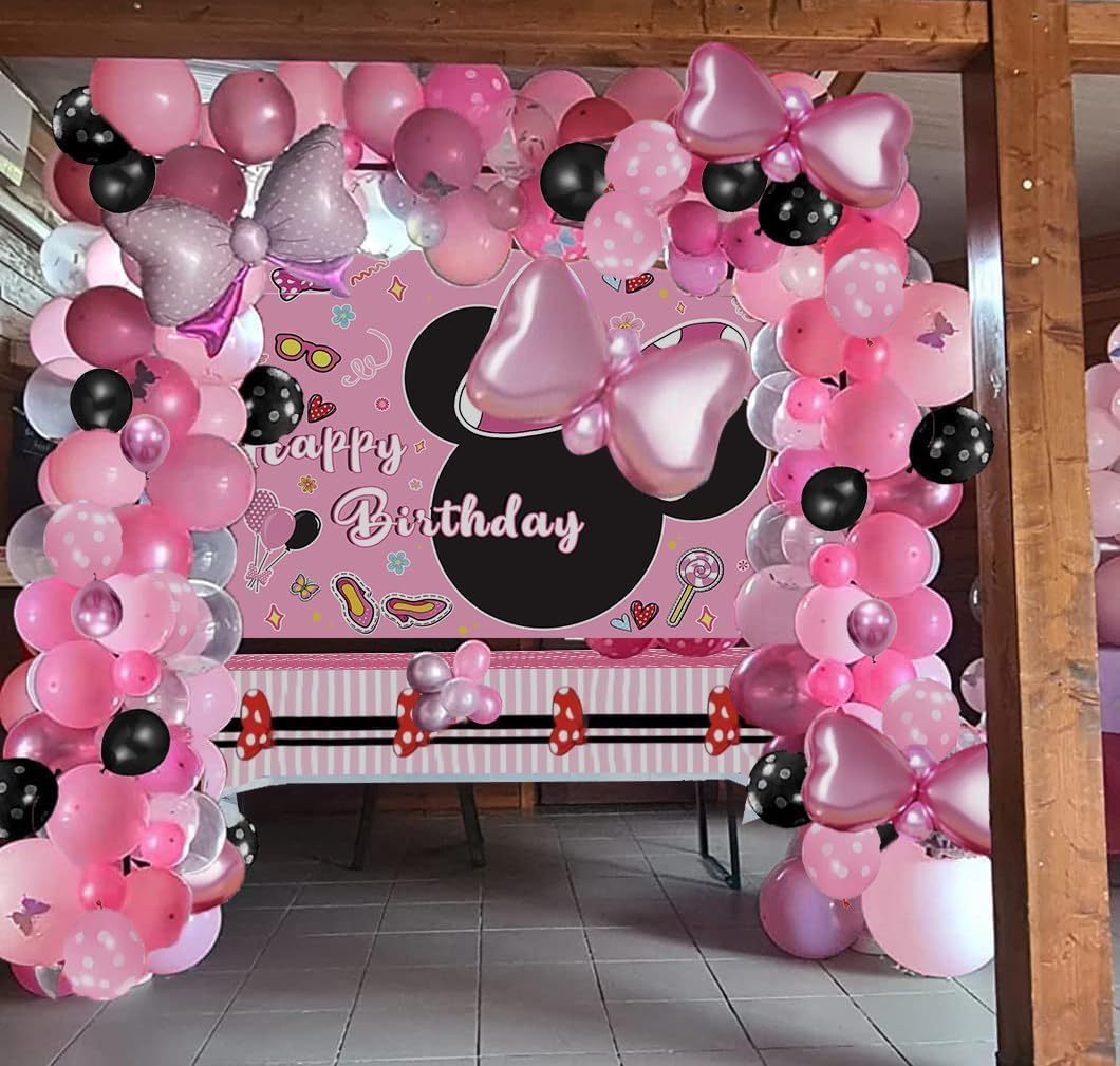 5x3ft Pink Mouse Backdrop Girls Birthday Party Decoration Supplies 130pc Bowknot Balloons Arch Garland Kit Baby Shower Photo Booth Studio Prop - Backdrop Bliss5x3ft Pink Mouse Backdrop Girls Birthday Party Decoration Supplies 130pc Bowknot Balloons Arch Garland Kit Baby Shower Photo Booth Studio Prop