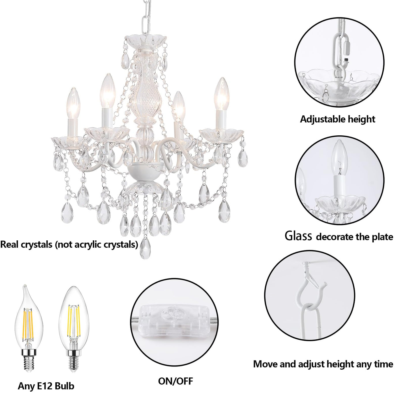 Plug in Crystal Ceramic White Chandelier, Glass Chandeliers,White crystal Hanging Pendant Light with Clear Cord and On/Off, 4 Light Crystal Chandelier for wedding, Kitchen, Dining,Foyer, Mini room Backdrop Bliss