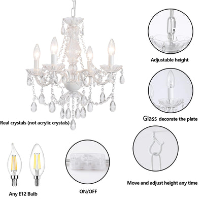 Plug in Crystal Ceramic White Chandelier, Glass Chandeliers,White crystal Hanging Pendant Light with Clear Cord and On/Off, 4 Light Crystal Chandelier for wedding, Kitchen, Dining,Foyer, Mini room Backdrop Bliss