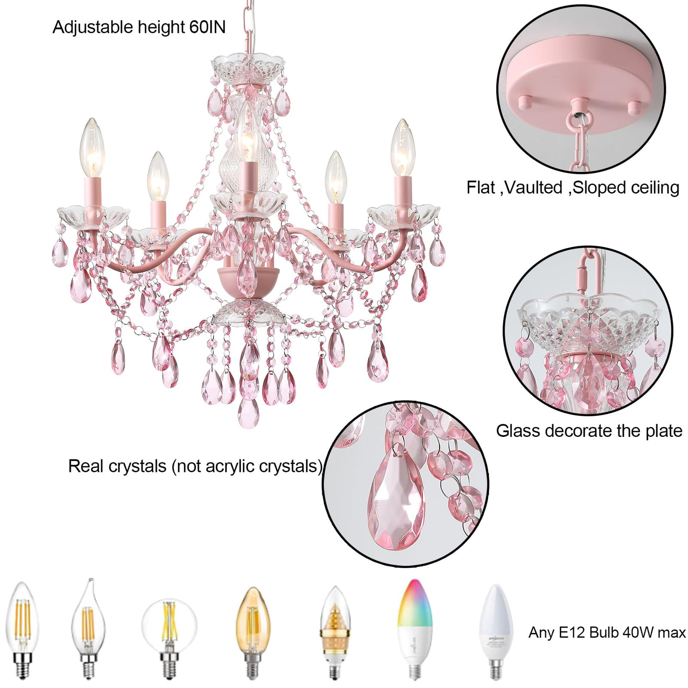 Plug in Crystal Ceramic White Chandelier, Glass Chandeliers,White crystal Hanging Pendant Light with Clear Cord and On/Off, 4 Light Crystal Chandelier for wedding, Kitchen, Dining,Foyer, Mini room Backdrop Bliss