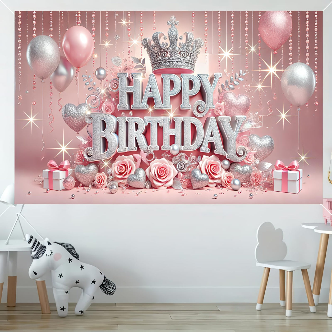 BlissYard Pink Princess Happy Birthday Backdrop 71x43 inch Glittering Silver Elegant Crown and Rose Banner Beautiful Girl's Birthday Photography Background Photo Studio Props Decoration Backdrop - Backdrop BlissBlissYard Pink Princess Happy Birthday Backdrop 71x43 inch Glittering Silver Elegant Crown and Rose Banner Beautiful Girl's Birthday Photography Background Photo Studio Props Decoration Backdrop