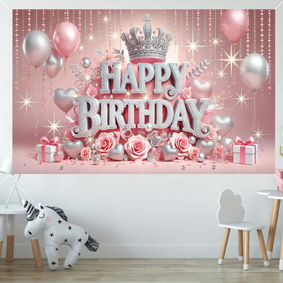 BlissYard Pink Princess Happy Birthday Backdrop 71x43 inch Glittering Silver Elegant Crown and Rose Banner Beautiful Girl's Birthday Photography Background Photo Studio Props Decoration Backdrop - Backdrop BlissBlissYard Pink Princess Happy Birthday Backdrop 71x43 inch Glittering Silver Elegant Crown and Rose Banner Beautiful Girl's Birthday Photography Background Photo Studio Props Decoration Backdrop