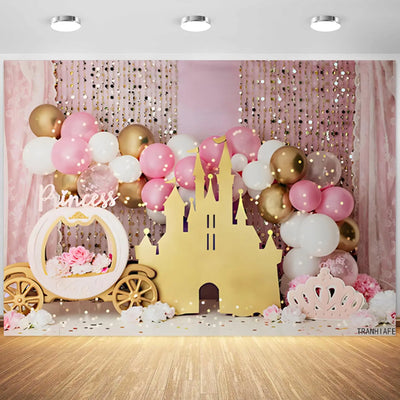 7x5ft Pink Balloons Princess Birthday Backdrop Sweet One Castle Photography Background Girls Happy Birthday Party Cake Table Banner Decorations Supplies Photo Booth Props Backdrop Bliss