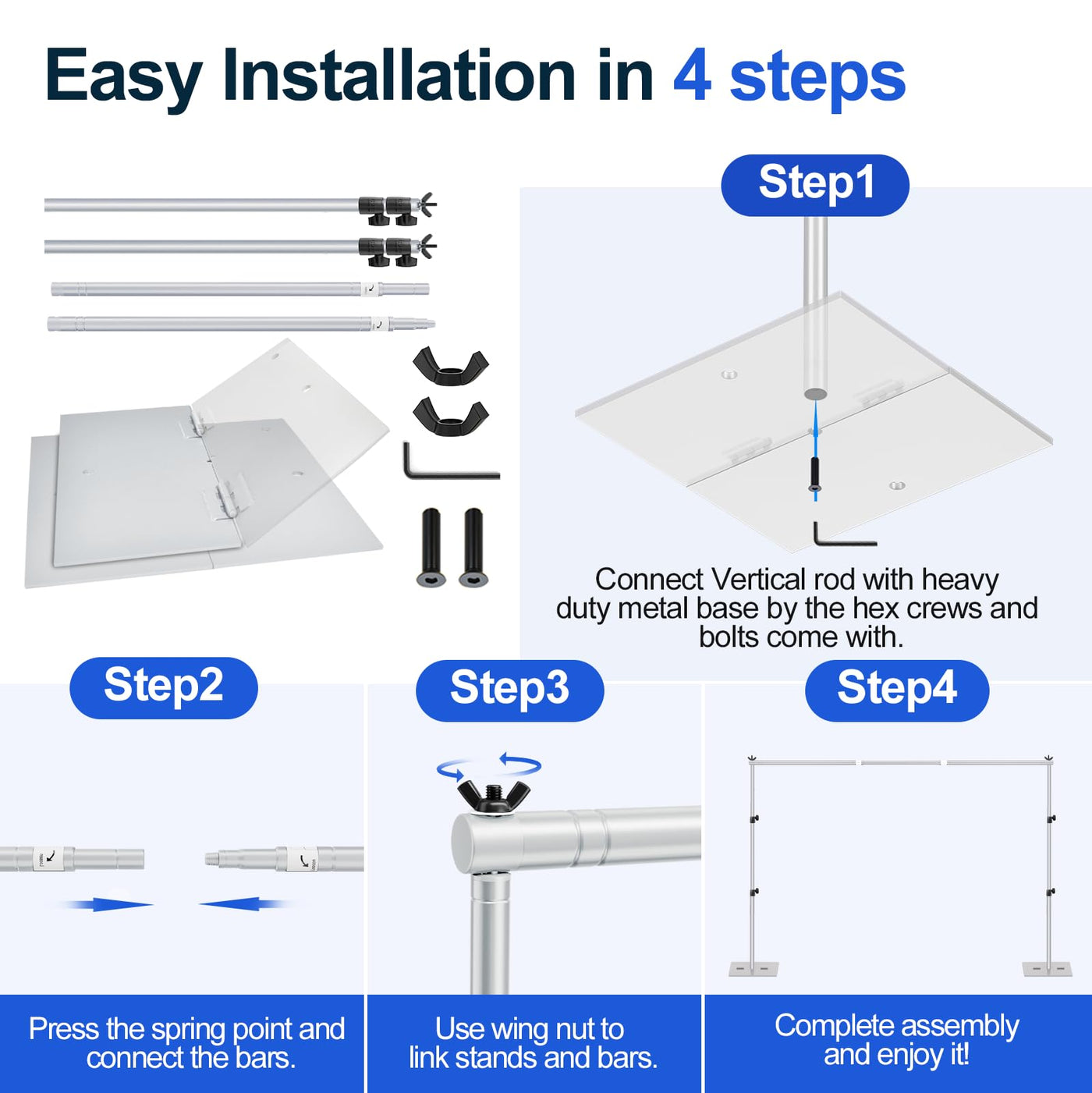 EMART Backdrop Stand, 6.5x10 ft Adjustable Photo Background Pipe and Drape Photography Kit with Heavy Duty Metal Flat Base for Parties, Wedding, Video Studio, Birthday - Black - Backdrop BlissEMART Backdrop Stand, 6.5x10 ft Adjustable Photo Background Pipe and Drape Photography Kit with Heavy Duty Metal Flat Base for Parties, Wedding, Video Studio, Birthday - Black