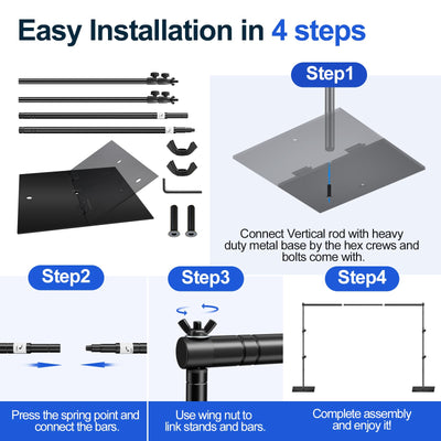 EMART Backdrop Stand, 6.5x10 ft Adjustable Photo Background Pipe and Drape Photography Kit with Heavy Duty Metal Flat Base for Parties, Wedding, Video Studio, Birthday - Black - Backdrop BlissEMART Backdrop Stand, 6.5x10 ft Adjustable Photo Background Pipe and Drape Photography Kit with Heavy Duty Metal Flat Base for Parties, Wedding, Video Studio, Birthday - Black