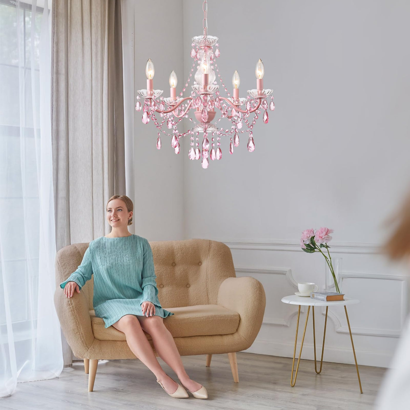 Plug in Crystal Ceramic White Chandelier, Glass Chandeliers,White crystal Hanging Pendant Light with Clear Cord and On/Off, 4 Light Crystal Chandelier for wedding, Kitchen, Dining,Foyer, Mini room Backdrop Bliss