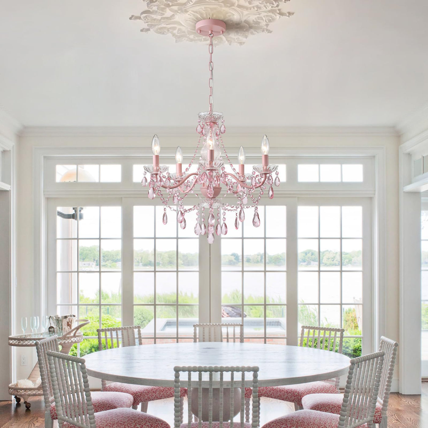 Plug in Crystal Ceramic White Chandelier, Glass Chandeliers,White crystal Hanging Pendant Light with Clear Cord and On/Off, 4 Light Crystal Chandelier for wedding, Kitchen, Dining,Foyer, Mini room Backdrop Bliss