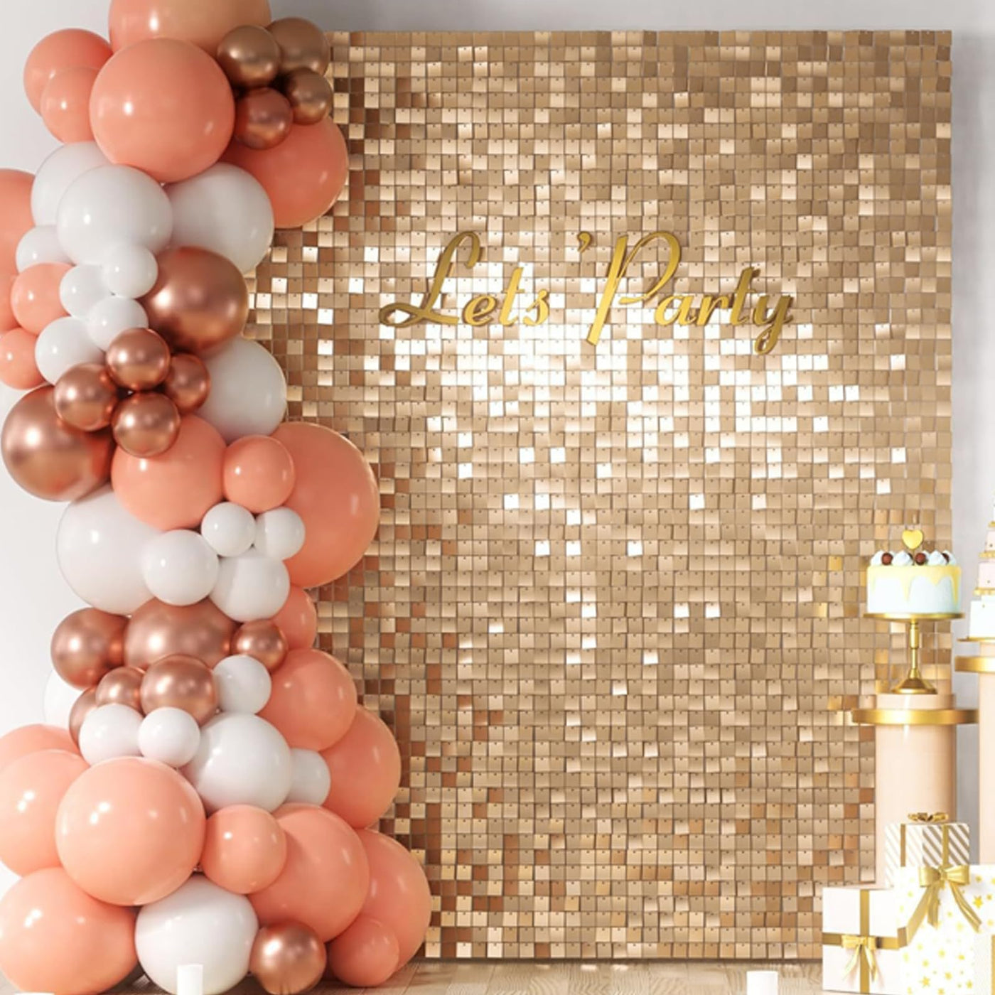 24 Pcs Champagne Gold Shimmer Wall Backdrop Panels - 4 FT x 6 FT Square Sequin Shimmer Backdrop Panels, Photo Backdrops for Birthday, Anniversary, Wedding, Graduation & Bachelorette Party Decoration - Backdrop Bliss24 Pcs Champagne Gold Shimmer Wall Backdrop Panels - 4 FT x 6 FT Square Sequin Shimmer Backdrop Panels, Photo Backdrops for Birthday, Anniversary, Wedding, Graduation & Bachelorette Party Decoration