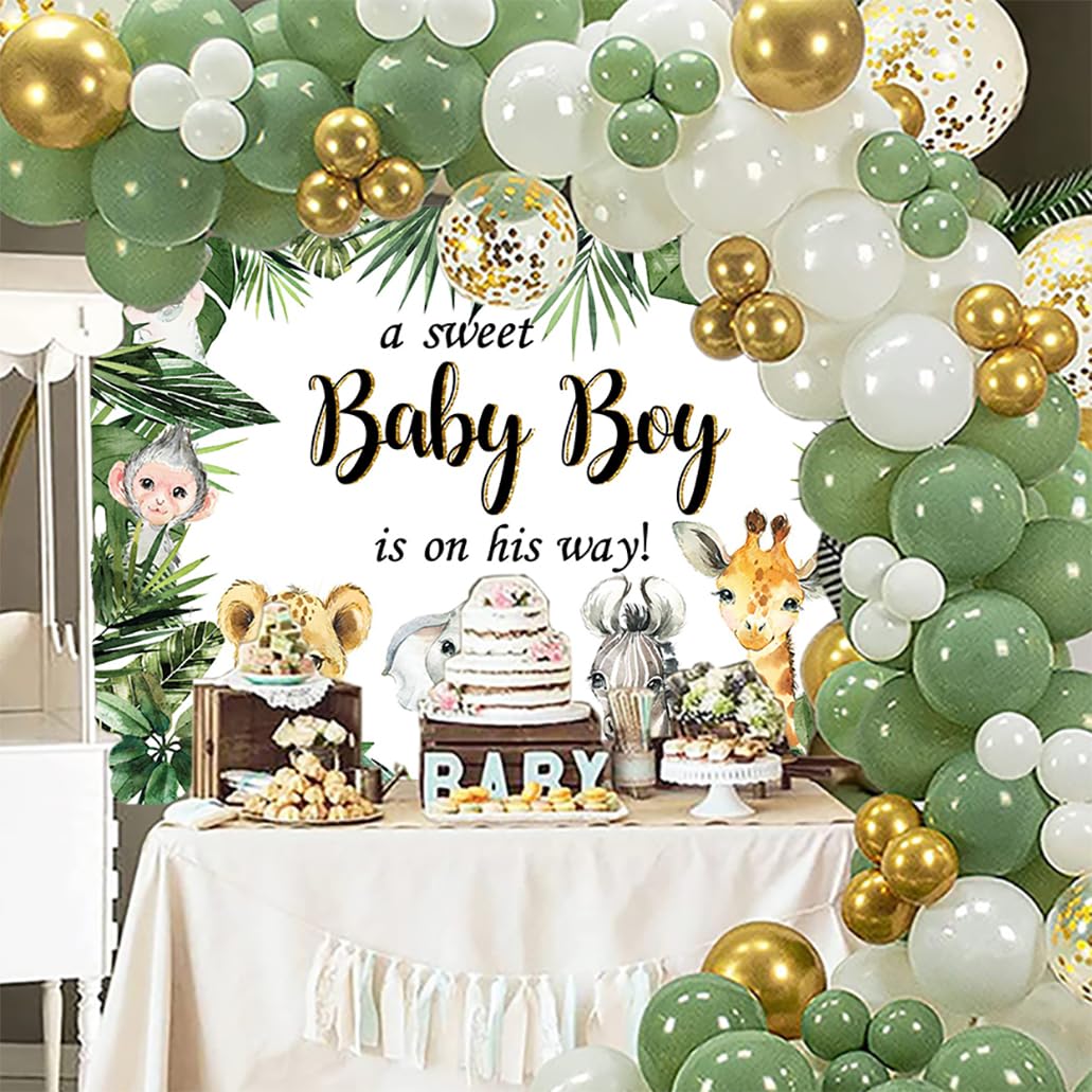 InMemory Jungle Safari Baby Shower Backdrop A Sweet Baby Boy is on His Way Wild Green Leaves Animals Cake Table Decorations Banner Photography Background 5x3ft - Backdrop BlissInMemory Jungle Safari Baby Shower Backdrop A Sweet Baby Boy is on His Way Wild Green Leaves Animals Cake Table Decorations Banner Photography Background 5x3ft