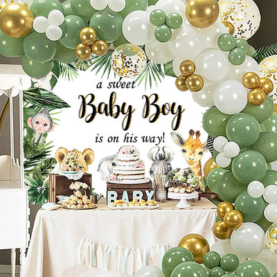 InMemory Jungle Safari Baby Shower Backdrop A Sweet Baby Boy is on His Way Wild Green Leaves Animals Cake Table Decorations Banner Photography Background 5x3ft - Backdrop BlissInMemory Jungle Safari Baby Shower Backdrop A Sweet Baby Boy is on His Way Wild Green Leaves Animals Cake Table Decorations Banner Photography Background 5x3ft
