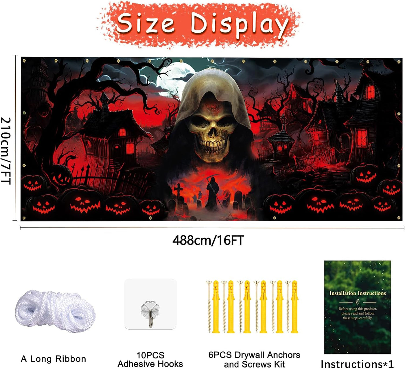 Trgowaul Happy Halloween Decorations - Black & Red Garage Door Cover, Large Grim Reaper Banner (16 * 7 ft) for Outdoor Parties & Photography Background - Backdrop BlissTrgowaul Happy Halloween Decorations - Black & Red Garage Door Cover, Large Grim Reaper Banner (16 * 7 ft) for Outdoor Parties & Photography Background