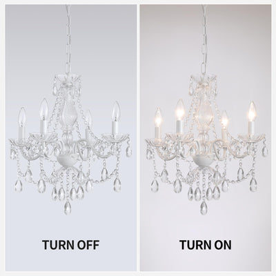 Plug in Crystal Ceramic White Chandelier, Glass Chandeliers,White crystal Hanging Pendant Light with Clear Cord and On/Off, 4 Light Crystal Chandelier for wedding, Kitchen, Dining,Foyer, Mini room Backdrop Bliss