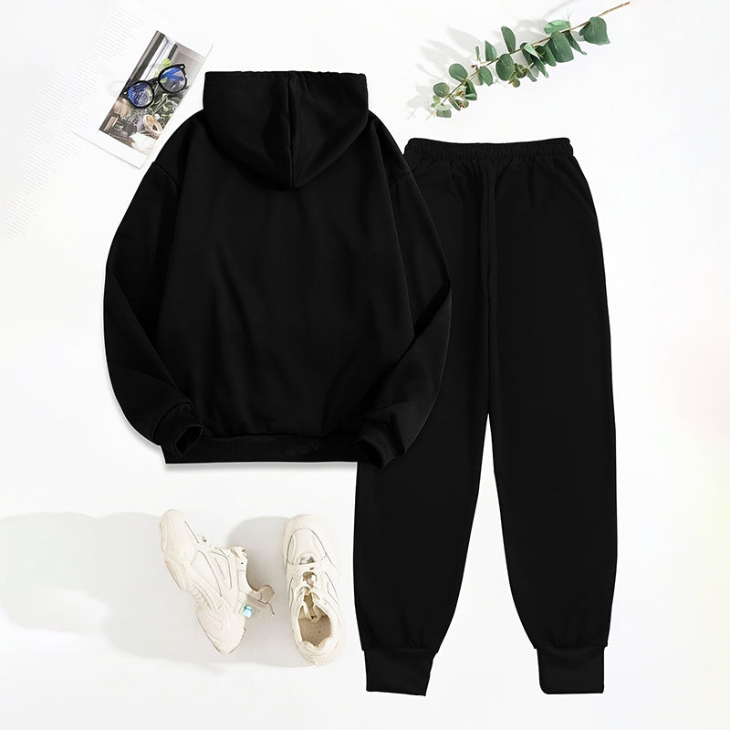 Women's Solid 2-Piece Set Letter Print Hoodie With Pocket & Drawstring Jogger Pants Casual Tracksuit Backdrop Bliss