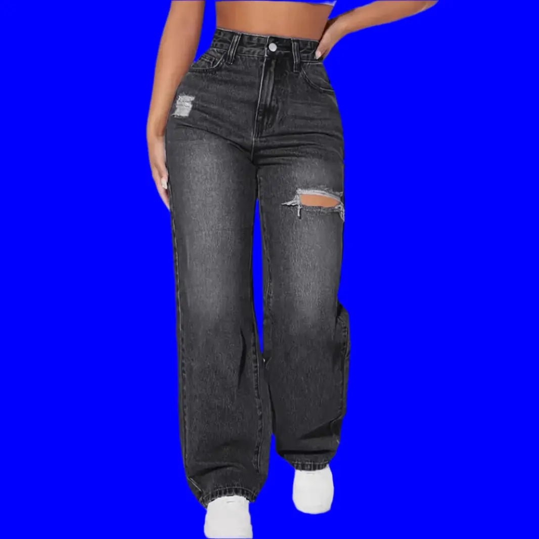 European And American Ladies Washed Hole Denim Trousers - Backdrop BlissEuropean And American Ladies Washed Hole Denim Trousers