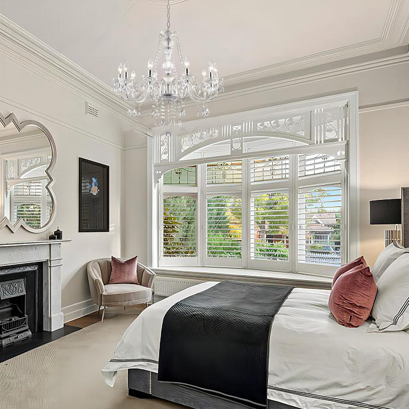 PAPAYA Modern Chrome Beaded Hanging Chandelier Shades (W8.7 x H13), Beads Pendant Shade with Acrylic Crystal, Ceiling Chandelier Beaded Lampshade for Wedding Party Event Home Decoration Backdrop Bliss