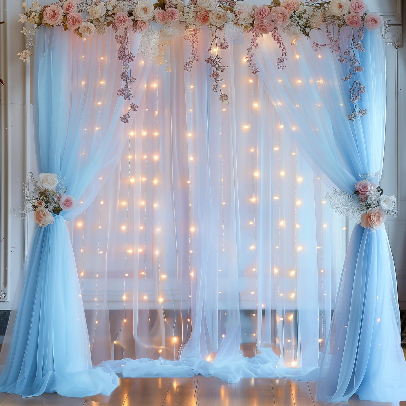 10x10ft Champagne Tulle Backdrop Curtain with Lights String for Parites, Sheer Backdrop Curtains for Wedding Baby Shower Birthday Party Photo Shoot Decorations - Backdrop Bliss10x10ft Champagne Tulle Backdrop Curtain with Lights String for Parites, Sheer Backdrop Curtains for Wedding Baby Shower Birthday Party Photo Shoot Decorations
