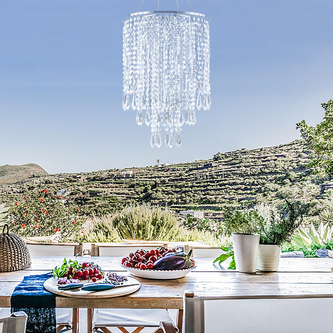 PAPAYA Modern Chrome Beaded Hanging Chandelier Shades (W8.7 x H13), Beads Pendant Shade with Acrylic Crystal, Ceiling Chandelier Beaded Lampshade for Wedding Party Event Home Decoration Backdrop Bliss