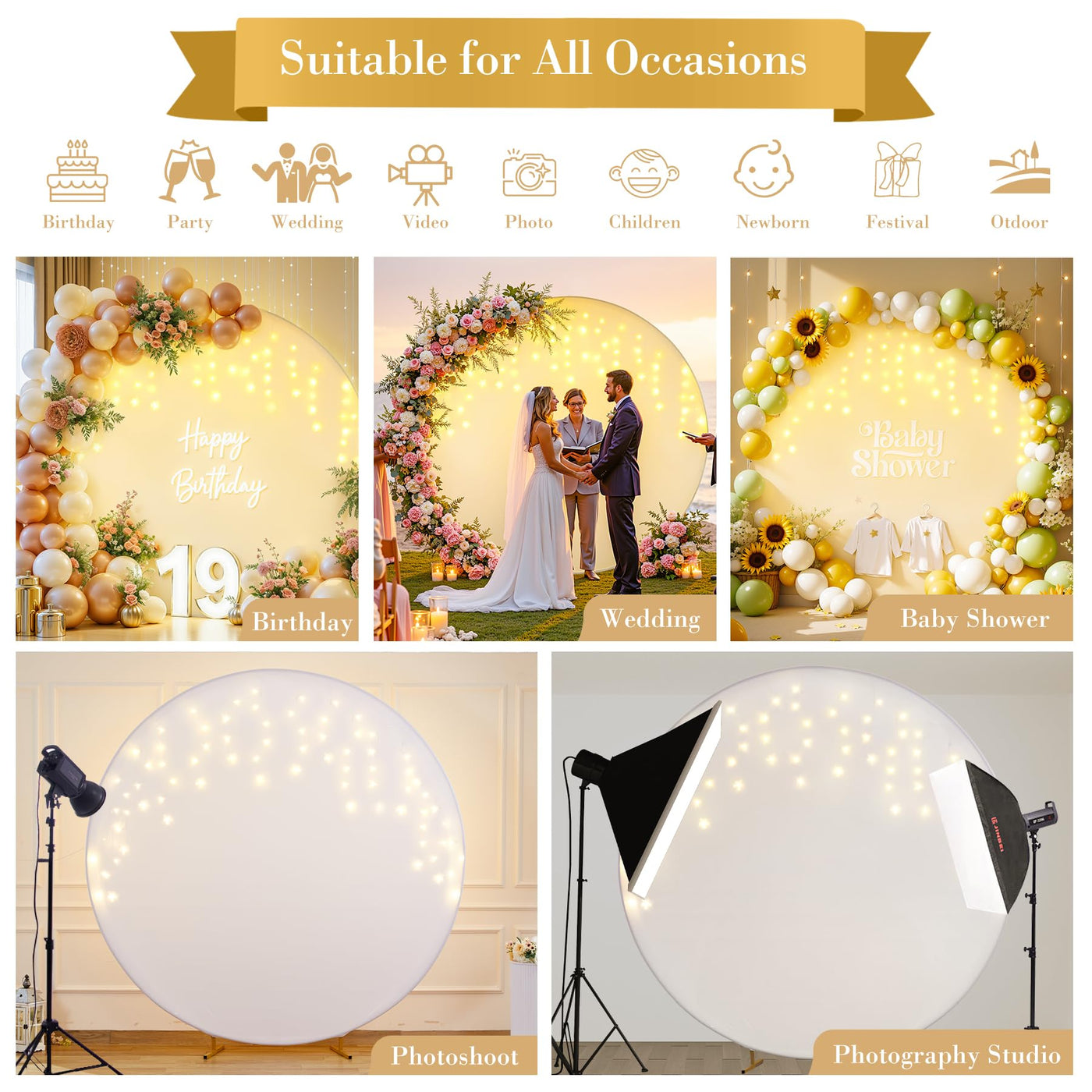 7.2 ft White Round Backdrop Cover with Lights Circle Wedding Arch Backdrop Cover with Fairy Lights for Bridal Shower Ceremony Birthday Baby Shower Photography Photo Shoot Background Decorations - Backdrop Bliss7.2 ft White Round Backdrop Cover with Lights Circle Wedding Arch Backdrop Cover with Fairy Lights for Bridal Shower Ceremony Birthday Baby Shower Photography Photo Shoot Background Decorations