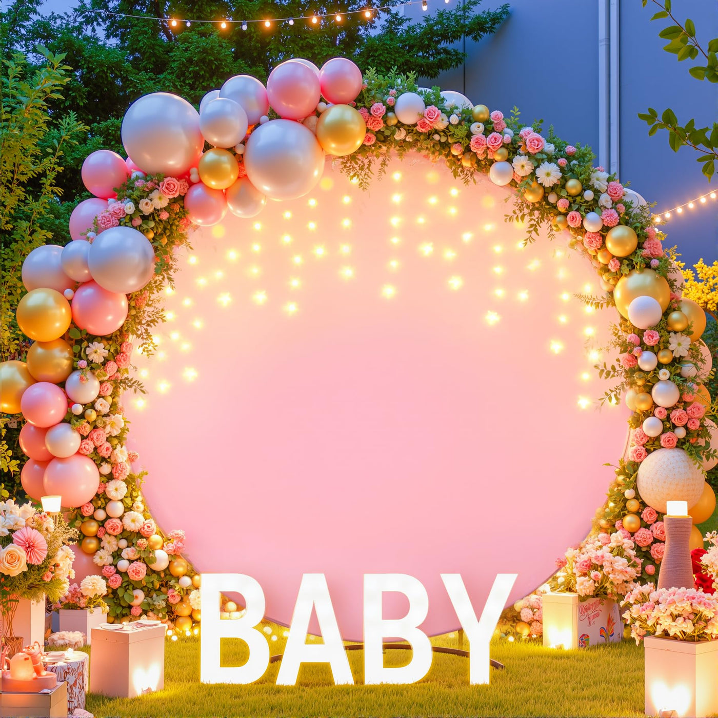 7.2 ft White Round Backdrop Cover with Lights Circle Wedding Arch Backdrop Cover with Fairy Lights for Bridal Shower Ceremony Birthday Baby Shower Photography Photo Shoot Background Decorations - Backdrop Bliss7.2 ft White Round Backdrop Cover with Lights Circle Wedding Arch Backdrop Cover with Fairy Lights for Bridal Shower Ceremony Birthday Baby Shower Photography Photo Shoot Background Decorations