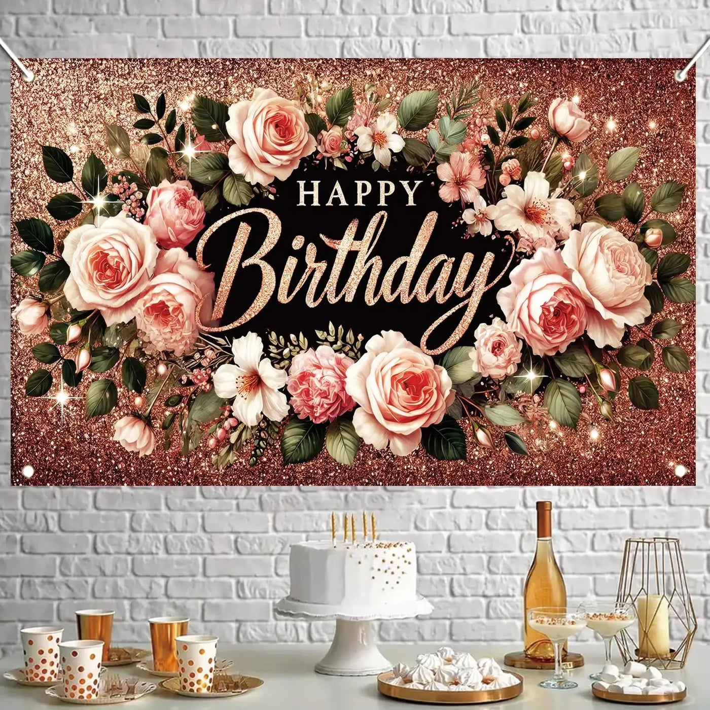 Happy Birthday Backdrop Banner Rose Gold Glitter Floral Photography Background for Women Girls Lady Wedding Baby Shower Birthday Supplies Photo Props Party Decorations Cake Table 6x4ft - Backdrop BlissHappy Birthday Backdrop Banner Rose Gold Glitter Floral Photography Background for Women Girls Lady Wedding Baby Shower Birthday Supplies Photo Props Party Decorations Cake Table 6x4ft