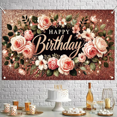 Happy Birthday Backdrop Banner Rose Gold Glitter Floral Photography Background for Women Girls Lady Wedding Baby Shower Birthday Supplies Photo Props Party Decorations Cake Table 6x4ft - Backdrop BlissHappy Birthday Backdrop Banner Rose Gold Glitter Floral Photography Background for Women Girls Lady Wedding Baby Shower Birthday Supplies Photo Props Party Decorations Cake Table 6x4ft