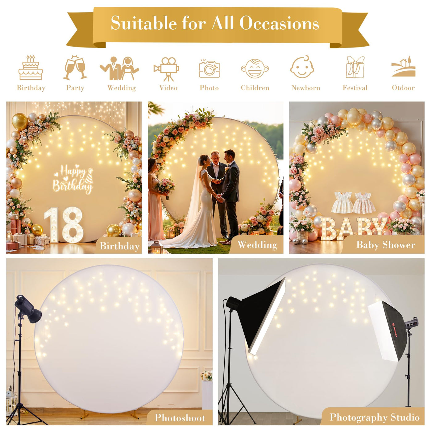 7.2 ft White Round Backdrop Cover with Lights Circle Wedding Arch Backdrop Cover with Fairy Lights for Bridal Shower Ceremony Birthday Baby Shower Photography Photo Shoot Background Decorations - Backdrop Bliss7.2 ft White Round Backdrop Cover with Lights Circle Wedding Arch Backdrop Cover with Fairy Lights for Bridal Shower Ceremony Birthday Baby Shower Photography Photo Shoot Background Decorations