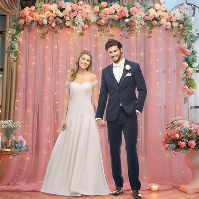 10x10ft Champagne Tulle Backdrop Curtain with Lights String for Parites, Sheer Backdrop Curtains for Wedding Baby Shower Birthday Party Photo Shoot Decorations - Backdrop Bliss10x10ft Champagne Tulle Backdrop Curtain with Lights String for Parites, Sheer Backdrop Curtains for Wedding Baby Shower Birthday Party Photo Shoot Decorations