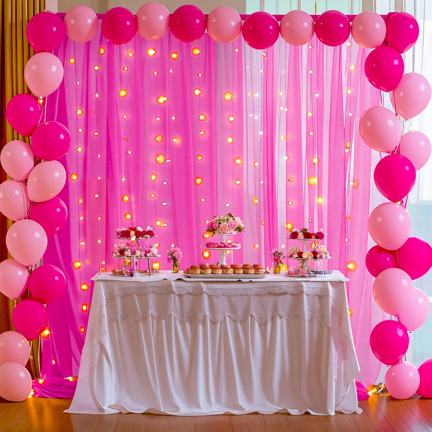 10x10ft Champagne Tulle Backdrop Curtain with Lights String for Parites, Sheer Backdrop Curtains for Wedding Baby Shower Birthday Party Photo Shoot Decorations - Backdrop Bliss10x10ft Champagne Tulle Backdrop Curtain with Lights String for Parites, Sheer Backdrop Curtains for Wedding Baby Shower Birthday Party Photo Shoot Decorations