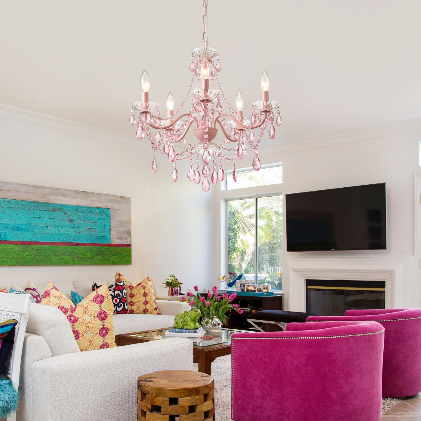 Plug in Crystal Ceramic White Chandelier, Glass Chandeliers,White crystal Hanging Pendant Light with Clear Cord and On/Off, 4 Light Crystal Chandelier for wedding, Kitchen, Dining,Foyer, Mini room Backdrop Bliss