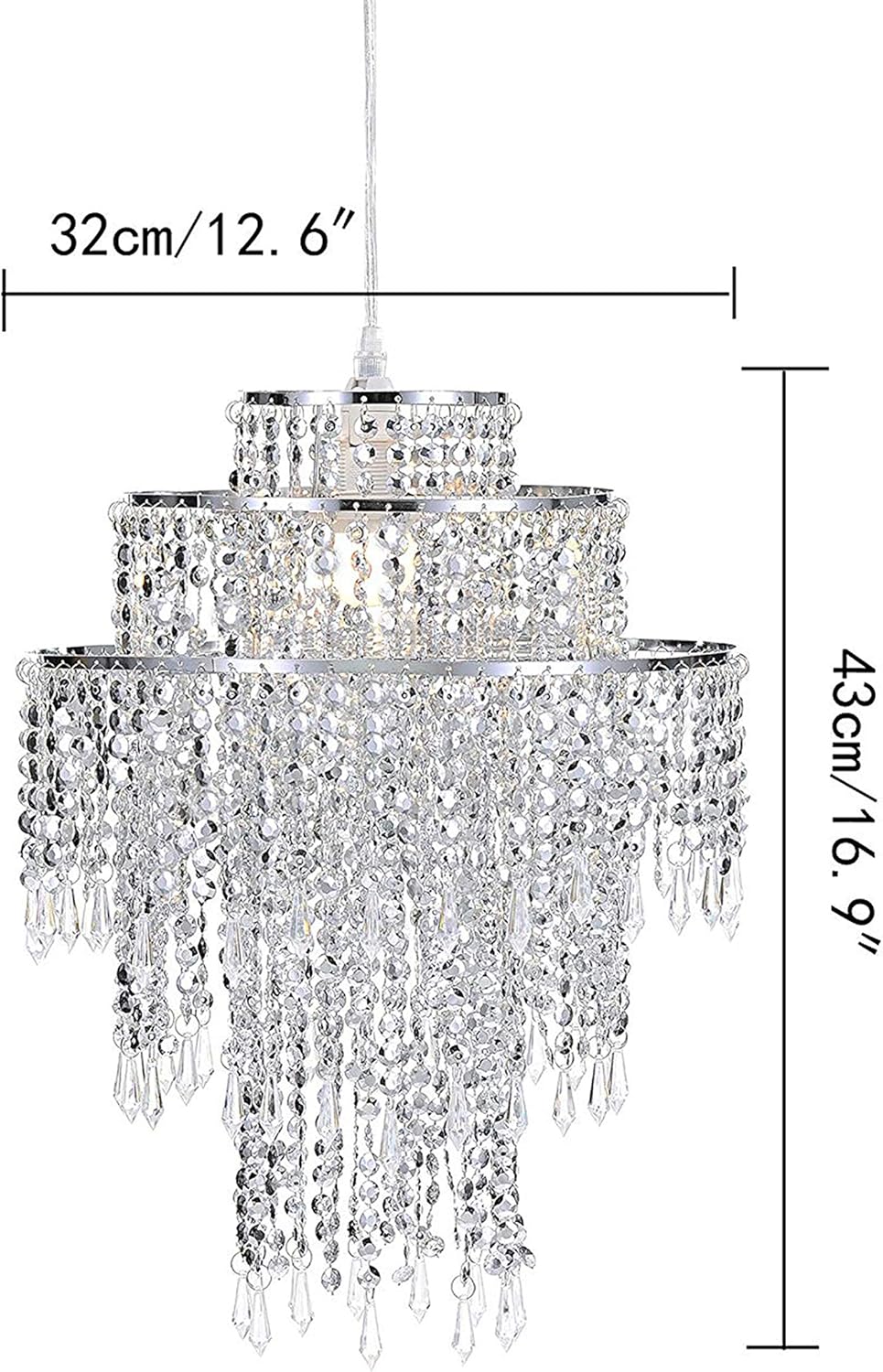 Waneway Large 3 Tiers Silver Sparkling Beads Pendant Shade, Ceiling Chandelier Lampshade with Acrylic Jewel Droplets, Beaded Lampshade with Chrome Frame and Sparkling Beads, Diameter 12.6'', Silver Backdrop Bliss