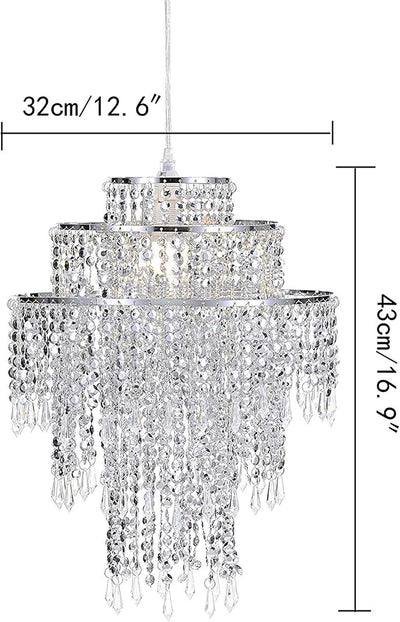 Waneway Large 3 Tiers Silver Sparkling Beads Pendant Shade, Ceiling Chandelier Lampshade with Acrylic Jewel Droplets, Beaded Lampshade with Chrome Frame and Sparkling Beads, Diameter 12.6'', Silver Backdrop Bliss