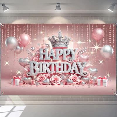 BlissYard Pink Princess Happy Birthday Backdrop 71x43 inch Glittering Silver Elegant Crown and Rose Banner Beautiful Girl's Birthday Photography Background Photo Studio Props Decoration Backdrop - Backdrop BlissBlissYard Pink Princess Happy Birthday Backdrop 71x43 inch Glittering Silver Elegant Crown and Rose Banner Beautiful Girl's Birthday Photography Background Photo Studio Props Decoration Backdrop