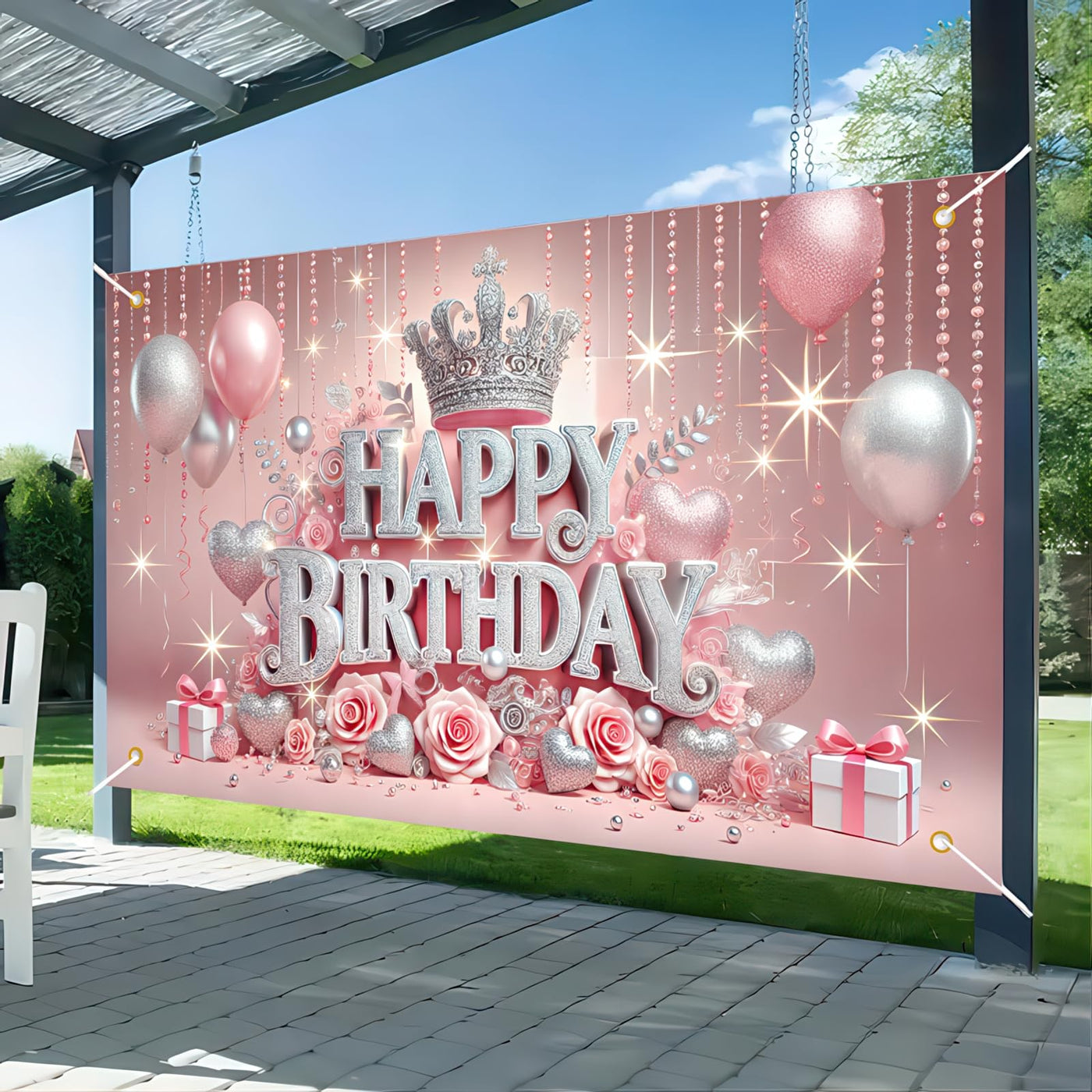 BlissYard Pink Princess Happy Birthday Backdrop 71x43 inch Glittering Silver Elegant Crown and Rose Banner Beautiful Girl's Birthday Photography Background Photo Studio Props Decoration Backdrop - Backdrop BlissBlissYard Pink Princess Happy Birthday Backdrop 71x43 inch Glittering Silver Elegant Crown and Rose Banner Beautiful Girl's Birthday Photography Background Photo Studio Props Decoration Backdrop