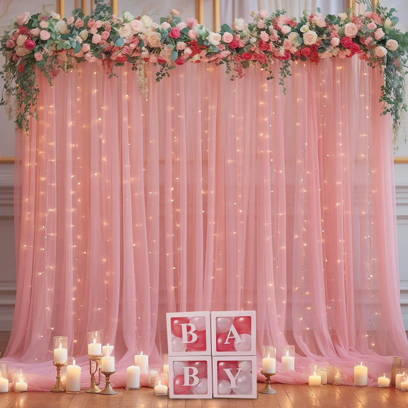 10x10ft Champagne Tulle Backdrop Curtain with Lights String for Parites, Sheer Backdrop Curtains for Wedding Baby Shower Birthday Party Photo Shoot Decorations - Backdrop Bliss10x10ft Champagne Tulle Backdrop Curtain with Lights String for Parites, Sheer Backdrop Curtains for Wedding Baby Shower Birthday Party Photo Shoot Decorations