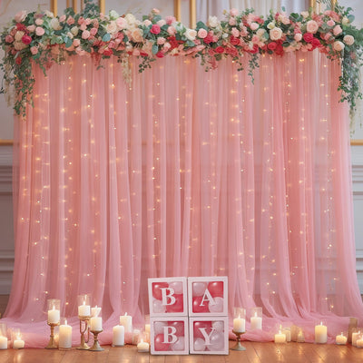 10x10ft Champagne Tulle Backdrop Curtain with Lights String for Parites, Sheer Backdrop Curtains for Wedding Baby Shower Birthday Party Photo Shoot Decorations - Backdrop Bliss10x10ft Champagne Tulle Backdrop Curtain with Lights String for Parites, Sheer Backdrop Curtains for Wedding Baby Shower Birthday Party Photo Shoot Decorations