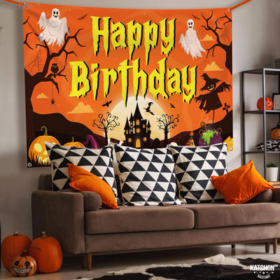 KatchOn XtraLarge Birthday Banner - 72x44 Inch | Happy Birthday Halloween Backdrop for Party Decorations | Jack O Lanterns Banner Backdrop Bliss