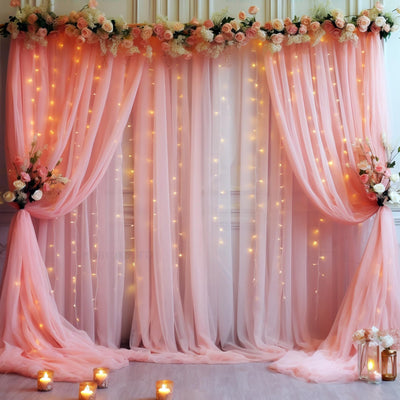 10x10ft Champagne Tulle Backdrop Curtain with Lights String for Parites, Sheer Backdrop Curtains for Wedding Baby Shower Birthday Party Photo Shoot Decorations - Backdrop Bliss10x10ft Champagne Tulle Backdrop Curtain with Lights String for Parites, Sheer Backdrop Curtains for Wedding Baby Shower Birthday Party Photo Shoot Decorations