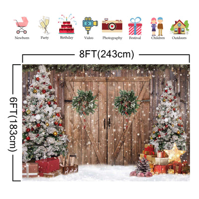 10x8FT Polyester Fabric Winter Christmas Rustic Barn Wood Door Photography Backdrop Xmas Tree Snow Background Banner for Family Holiday Party Decoration Supplies Photo Studio Props Pictures - Backdrop Bliss10x8FT Polyester Fabric Winter Christmas Rustic Barn Wood Door Photography Backdrop Xmas Tree Snow Background Banner for Family Holiday Party Decoration Supplies Photo Studio Props Pictures
