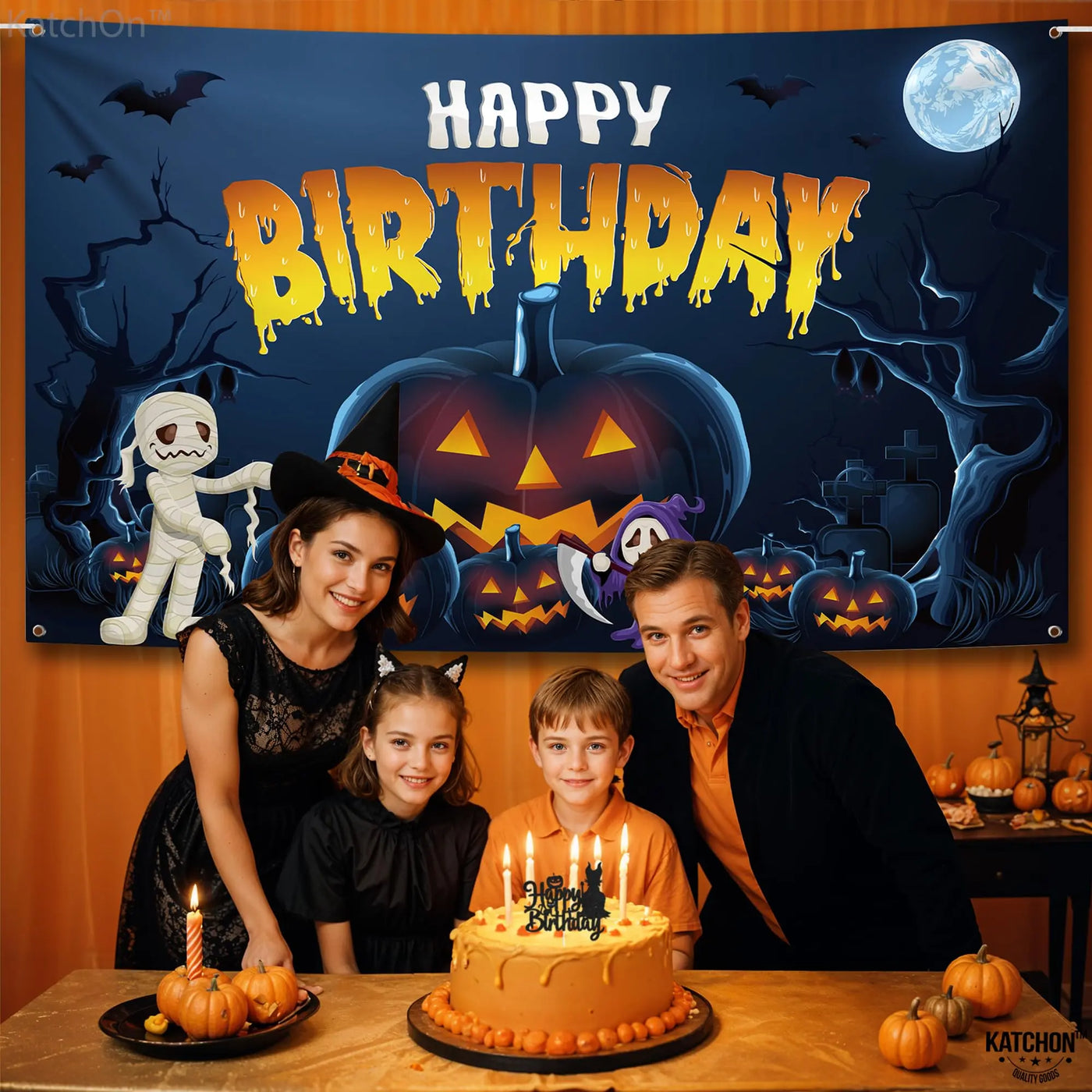 KatchOn XtraLarge Birthday Banner - 72x44 Inch | Happy Birthday Halloween Backdrop for Party Decorations | Jack O Lanterns Banner Backdrop Bliss