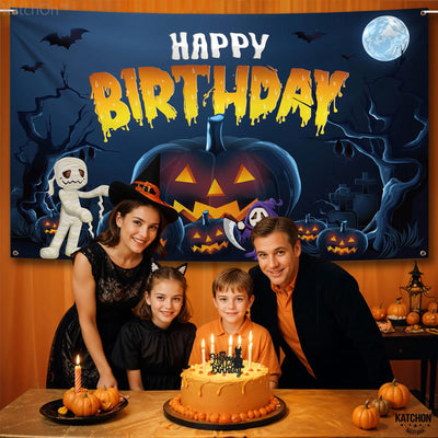 KatchOn XtraLarge Birthday Banner - 72x44 Inch | Happy Birthday Halloween Backdrop for Party Decorations | Jack O Lanterns Banner Backdrop Bliss
