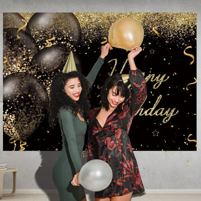 Happy Birthday Backdrop Black and Gold Glitter Bokeh Balloons Photography Background Birthday Party Golden Sparkle Bday Banner Decorations Supplies Photo Booth Studio Props Soft Fabric 7x5ft - Backdrop BlissHappy Birthday Backdrop Black and Gold Glitter Bokeh Balloons Photography Background Birthday Party Golden Sparkle Bday Banner Decorations Supplies Photo Booth Studio Props Soft Fabric 7x5ft